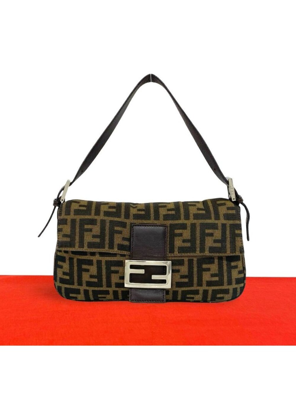 Fendi Vintage Mamma Bucket Zucca FF Pattern Canvas Leather Handbag Brown Black